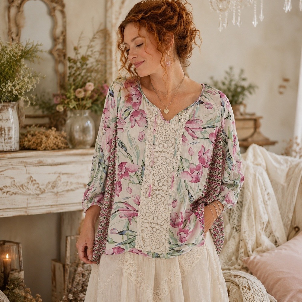 Zac & Rachel Purple Green Floral Crochet Trim Boho Blouse Size L Semi Sheer